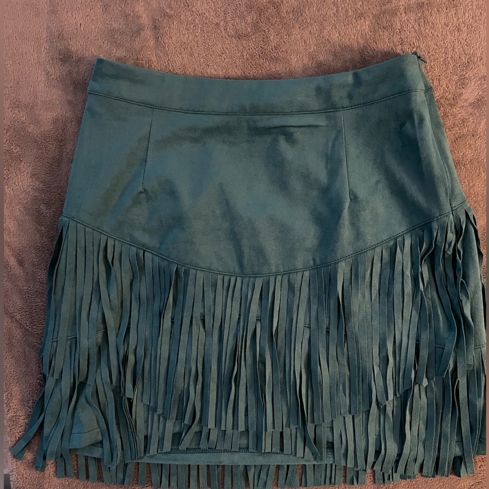 Teal fringe mini skirt